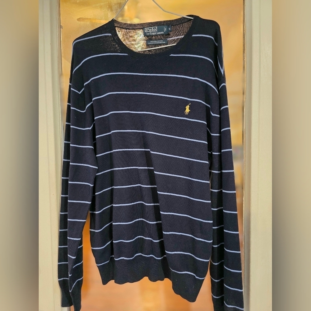 Polo Ralph Lauren Blue Striped Pullover Sweater Pima Cotton XL extra Large
